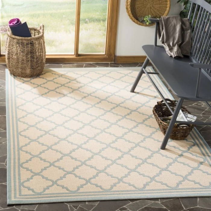 Safavieh Linden  Cream / Aqua LND121 6 ft. 7 in. X 6 ft. 7 in. Square Rug