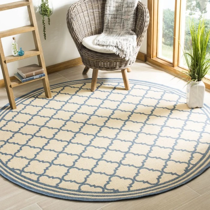 Safavieh Linden  Cream / Blue LND121 6 ft. 7 in. X 6 ft. 7 in. Round Rug