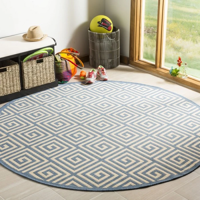 Safavieh Linden  Cream / Blue LND129 6 ft. 7 in. X 6 ft. 7 in. Round Rug