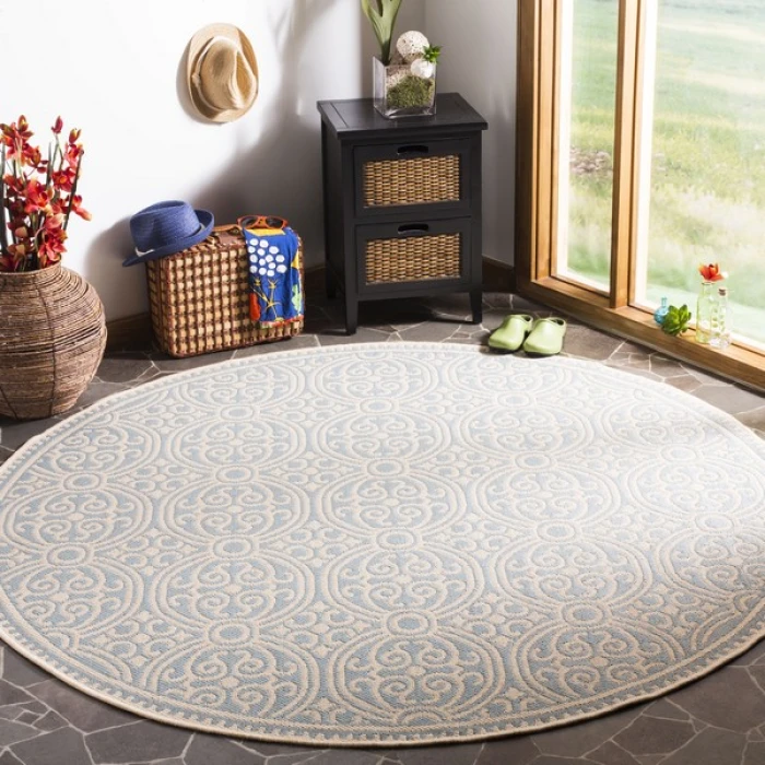 Safavieh Linden  Cream / Aqua LND134 6 ft. 7 in. X 6 ft. 7 in. Round Rug