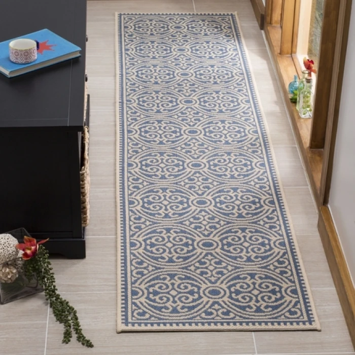 Safavieh Linden  Cream / Blue LND134 2 ft. 2 in. X 8 ft. Runner Rug