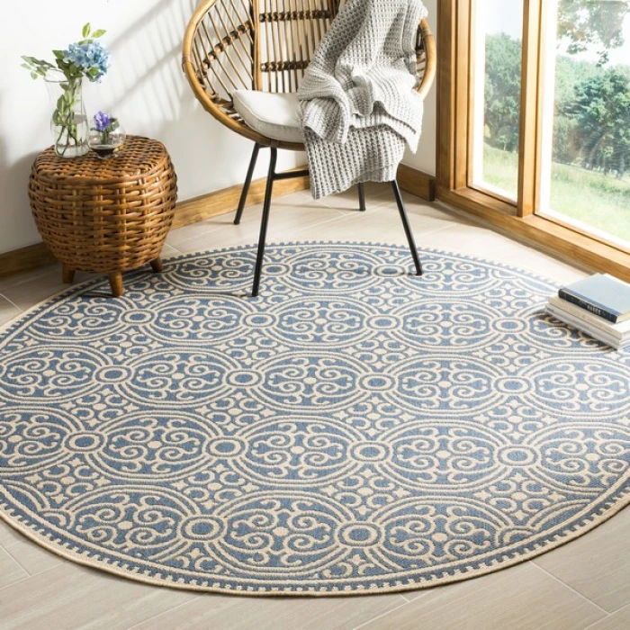 Safavieh Linden  Cream / Blue LND134 6 ft. 7 in. X 6 ft. 7 in. Round Rug
