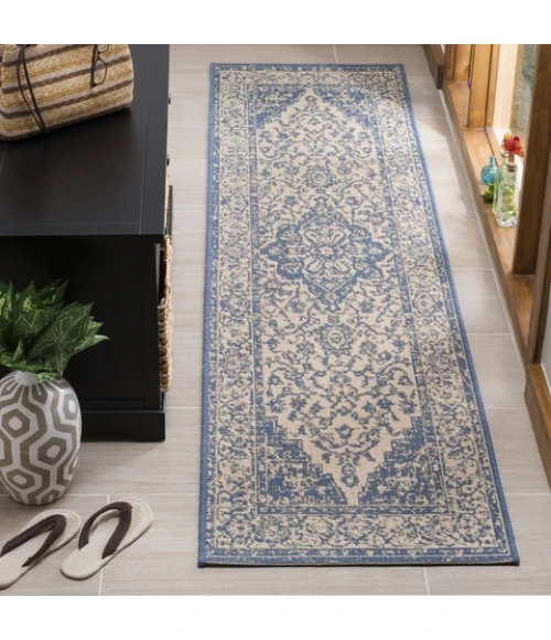 Safavieh Linden  Cream / Blue LND137 2 ft. 2 in. X 12 ft. Runner Rug