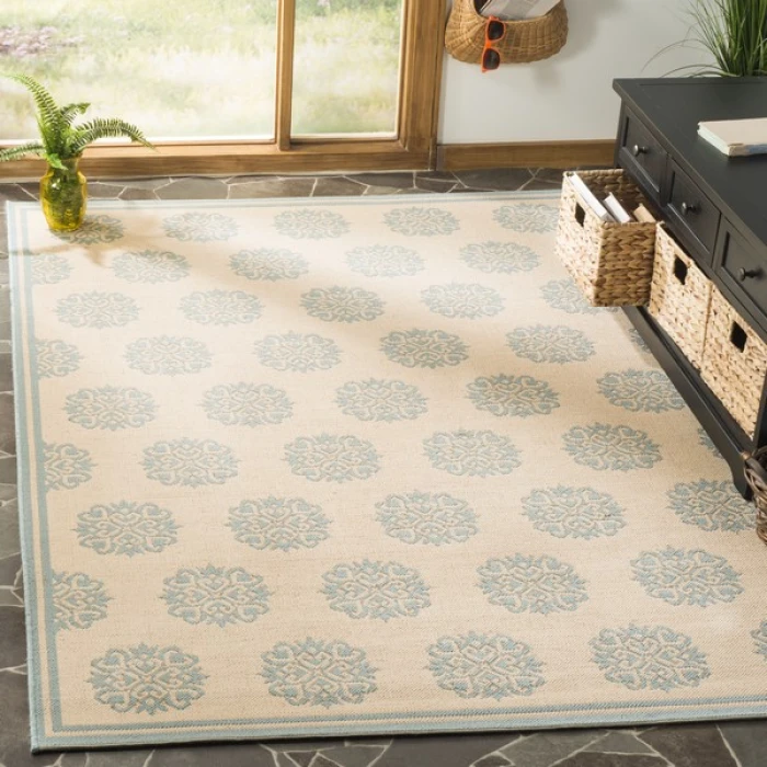 Safavieh Linden  Cream / Aqua LND181 6 ft. 7 in. X 6 ft. 7 in. Square Rug