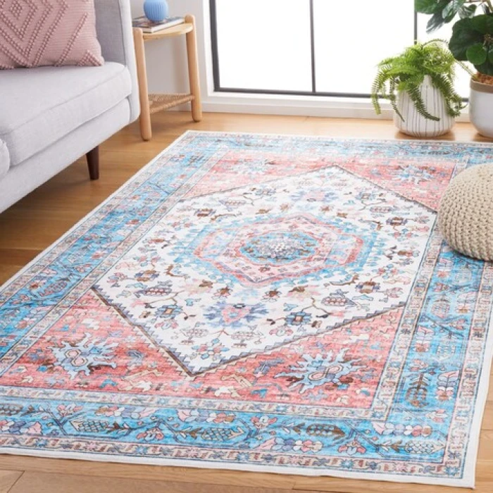 Safavieh Washable Printed Rug Turquoise / Red WPR322 4 ft. X 6 ft. Rectangle Rug