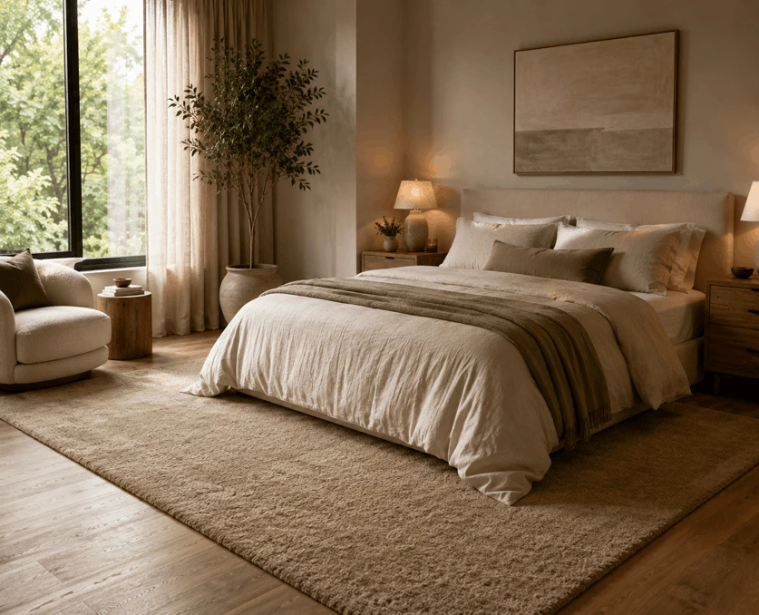 Plush Wool Rug Under Bedroom Bed