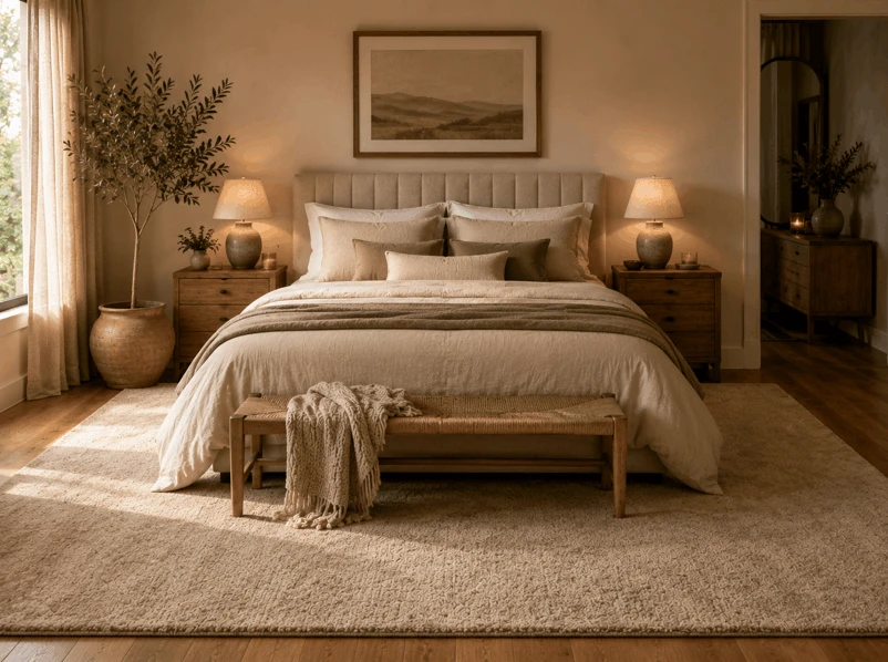 Area Rug Under Queen Bedroom Bed